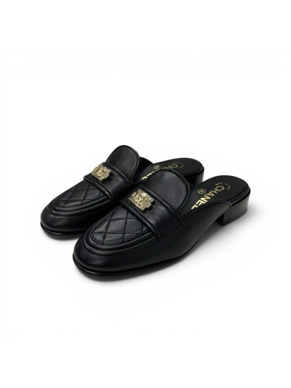 Chanel Flat Shoes Lambskin Black Gold CC Logo Quilted Boy Mules